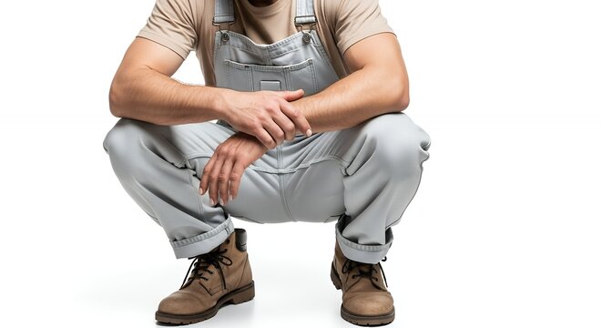 Man in overalls crouching on a white background, ready to work.