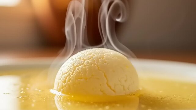 Steaming Rasgulla in syrup with closeup.