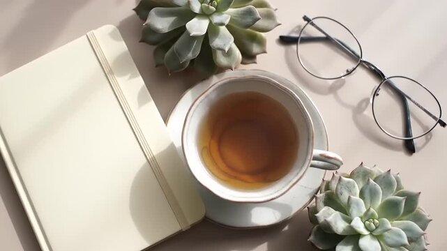Tea with succulent plants, notebook, and glasses.