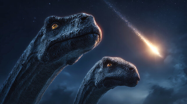 Two diplodocus look upward as a meteorite descends from space, illuminating the dark sky with a bright glow