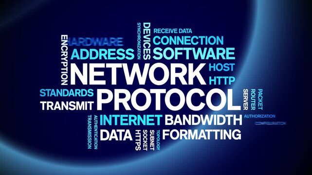 Network Protocol animated word cloud-text design animation tag kinetic typography seamless loop.