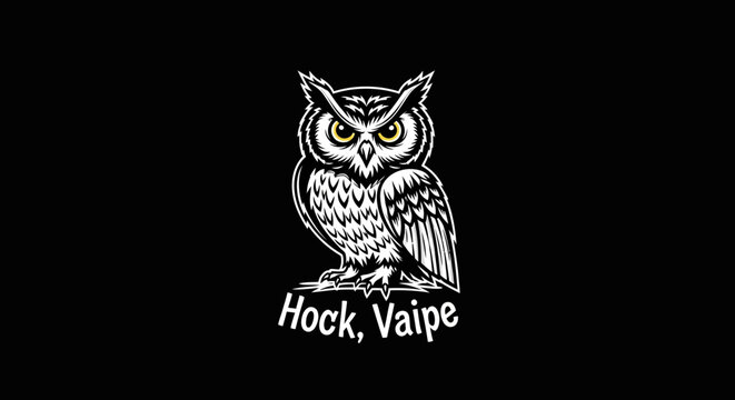 Stylized Owl Illustration with Glowing Yellow Eyes on Dark Background. Vintage Monochrome Design, Majestic Night Bird Vector Art.