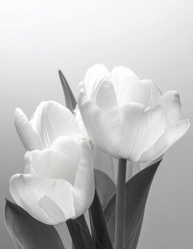 Tulip チューリップ 164 Close-up of Delicate White Tulips with Translucent Petals in Soft Monochrome Light（柔らかなモノクロの光に照らされた、半透明の花びらを持つ繊細な白チューリップのクローズアップ）