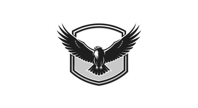 Majestic black and white eagle bird of prey emblem with outstretched wings within a shield, powerful graphic illustration