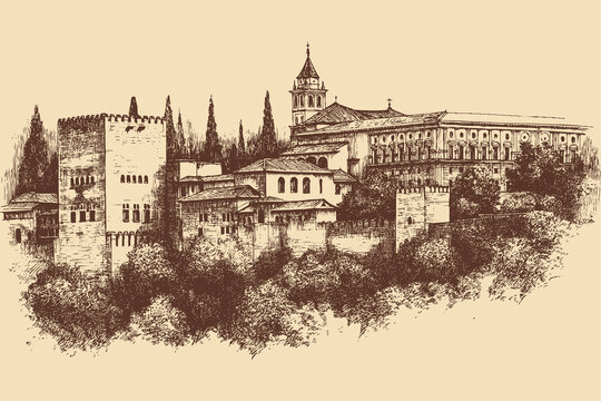Alhambra, Spain illustration in a vintage style. This vector illustration can be used in any size you like for advertising, logos, and other work.