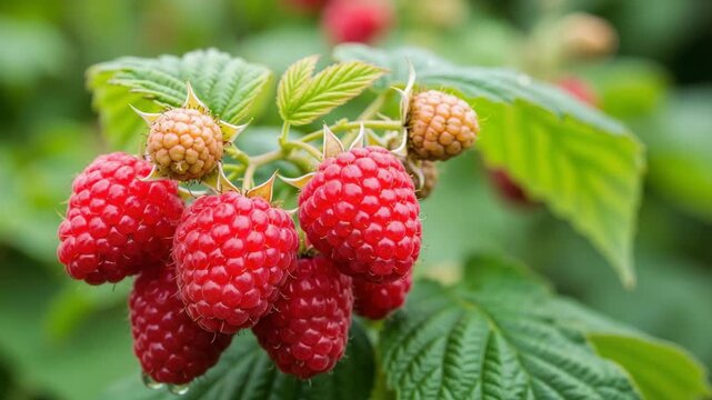 Fresh ripe raspberries growing on bush in summer garden  