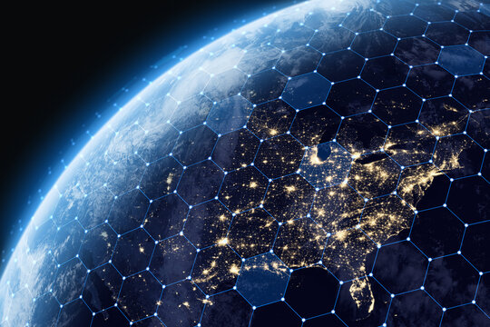 Planet Earth at night with network lines global communication, data transfer, and worldwide internet. Earth shield against missiles, asteroids and meteorites. USA, Canada, Mexico.