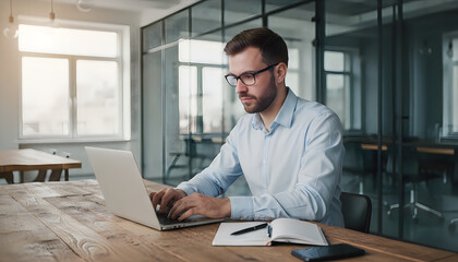 Obraz premium Businessman working on laptop in modern office space with glass walls and natural light