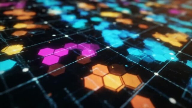 Glowing hexagonal shapes form a network on a dark digital background.