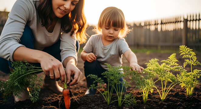 A woman and her toddler child pulling a fresh orange carrot from the ground in a backyard vegetable garden