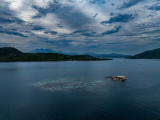 Panoramic wide view of a stunning mountain landscape at dawn