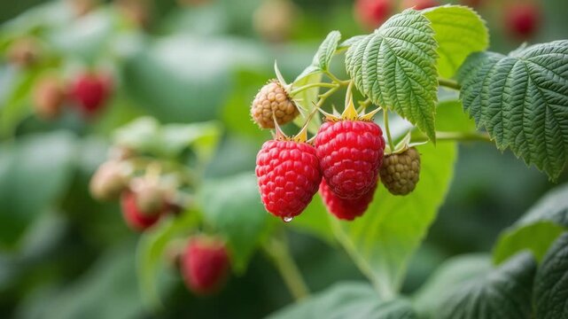 Ripe red raspberries growing on bush with green leaves  