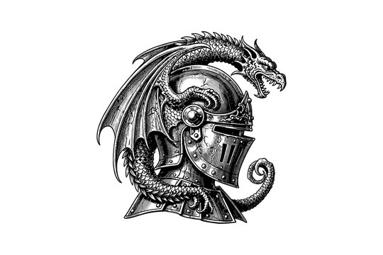 Intricate dragon and knight helmet tattoo design in black and white