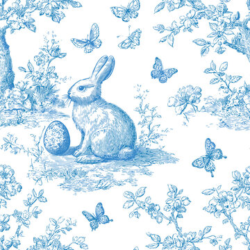 Blue Toile de Jouy Easter Bunny Seamless Pattern with Butterflies and Vintage Floral Garden. Elegant seamless vector pattern inspired by classic French toile de Jouy and chinoiserie illustration