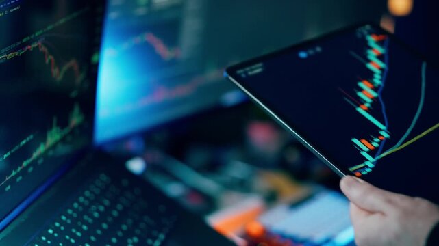 Dynamic candlestick charts rise on glowing screens &mdash; symbolizing market growth and digital trading; ideal for fintech ads, crypto promos, or corporate finance presentations needing modern data visuali