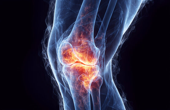 Knee pain relief xray of inflamed joint medical problem highlighting pain points Knee Pain Relief and diagnosis concept