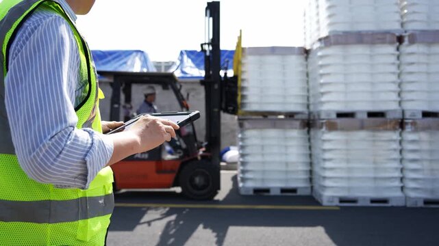 Warehouse worker holding tablet computer while conducting inventory check of stacked goods on pallets