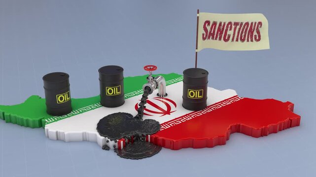 Animation of the concept of economic sanctions against Iran oil. The pipe from which oil is poured onto the map of Iran symbolizes the trade embargo and geopolitical crisis. 3D render.
