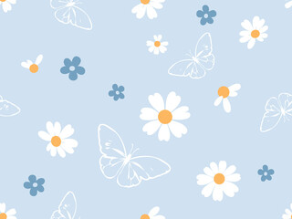 Seamless daisy flower and butterfly pattern on pastel blue background. © Thanawat