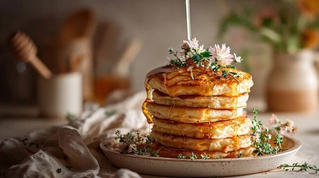 Stack of fluffy pancakes with honey pouring and floral garnish