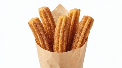 Crispy Churros Delight CinnamonSugar Coated in a Paper Cone on White.