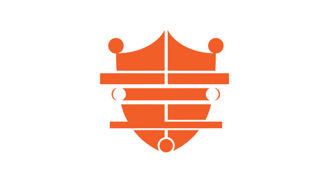 Orange Shield Emblem with Geometric Design Elements.