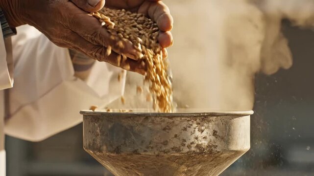Hands pouring wheat grains into metal funnel. Agricultural process of grain sifting and separation with dust particles rising. Farming technique for milling preparation in harvest workflow