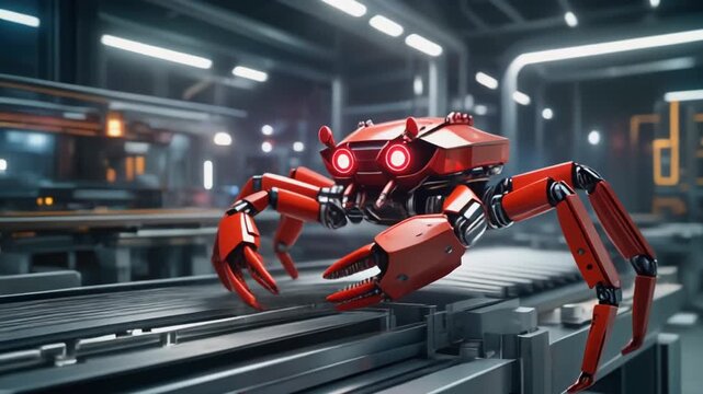 Red robotic crab on metal tracks.