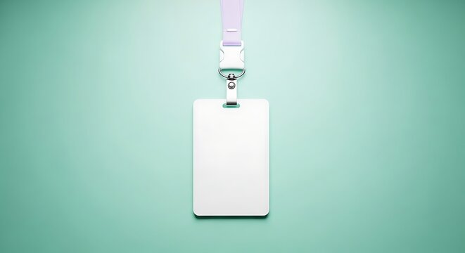 Blank white ID badge hanging on a light pink lanyard against a teal background.