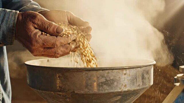 Hands pouring wheat into funnel. Grain processing sequence in agriculture. Manual sifting technique for cereal preparation and milling.