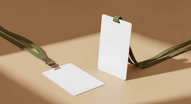 Blank white ID badges with green lanyards on a beige surface, mockup.