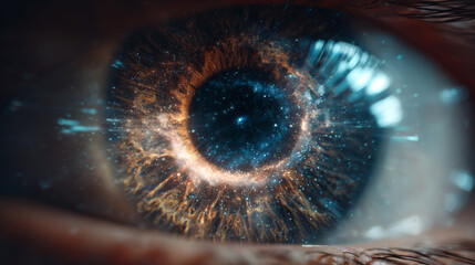 Extreme close up of a human eye with a galaxy nebula inside the iris representing cosmic vision and universal consciousness