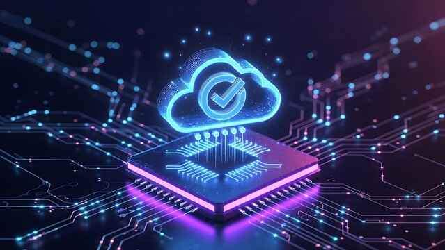Verified Cloud Computing Icon on Processor Chip for Secure Cloud Storage, SaaS Compliance, and Trusted Data Infrastructure
