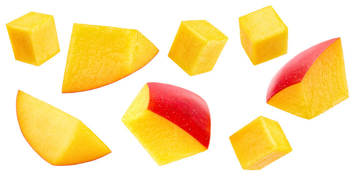 Fresh mango cubes isolated on transparent background. Red mango fruit PNG. Collection mango