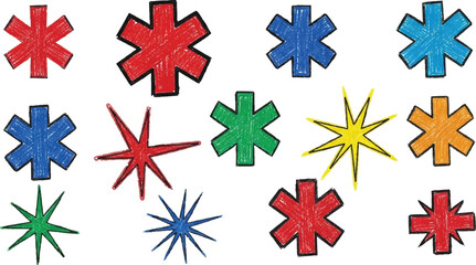 Obraz premium A playful set of vibrant, hand-colored star and asterisk shapes with a textured crayon or marker finish. These sketchy, multi-colored elements in red, blue, green, and orange.