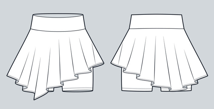 Women Tennis Skort Fashion Flat Technical Drawing, Flared Athletic Skirt with Inner Shorts CAD Template Front and Back View