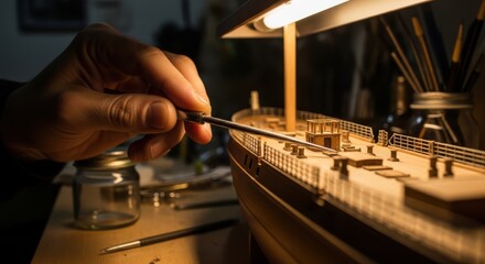 Obraz premium A persons hand holding a small tool next to a model ship on a workbench with various tools and a lamp
