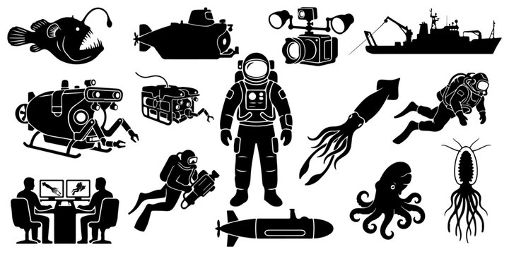 Set of deep sea exploration icons, underwater research equipment, submarines, divers, and marine life silhouettes isolated