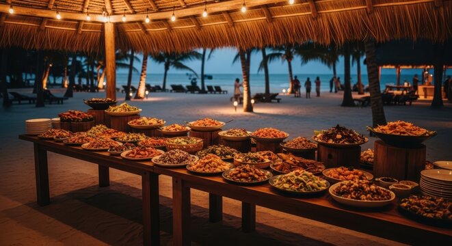 A long table laden with a variety of dishes at an outdoor buffet during evening
