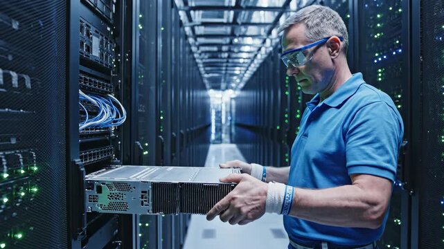 Man as IT engineer sliding server blade into rack in data center. Professional handling hardware component during maintenance. Network technology and infrastructure upgrade concept.