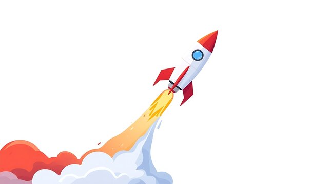 Flat design rocket taking off with vibrant orange and red exhaust against white background