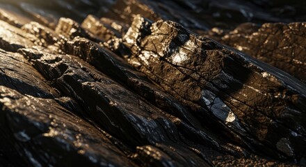 Fototapeta premium Closeup of rugged, rocky terrain with dark brown and gold hues in natural sunlight