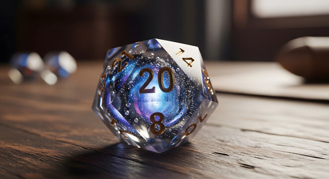 Transparent twenty sided galaxy dice with gold numbering resting on a wooden table surface