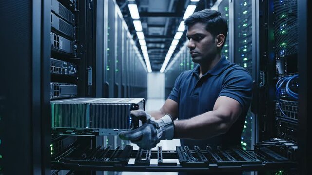 It engineer installing server blade in data center. Man sliding hardware component into rack with gloves. Professional technology maintenance and network infrastructure concept.
