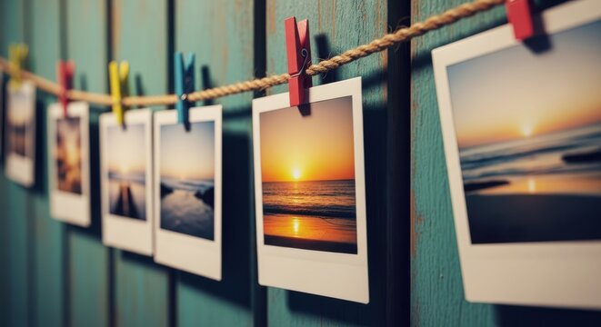 Polaroid photos hanging on a rope with clothespins on a green wooden background with sunset beach scenes