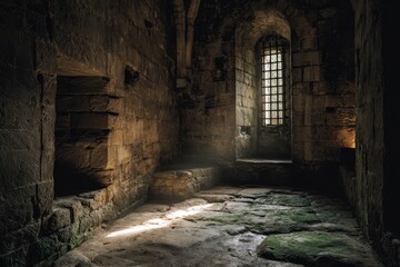 Obraz premium Dusty dungeon scene inside a medieval castle illuminated by a focused sunray