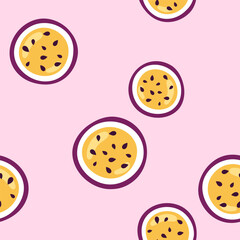 Fototapeta premium Passion fruit halves, slices seamless pattern, background
