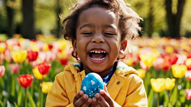 Joyful African American boy holding blue easter egg in vibrant tulip field. Happy child laughing with spring discovery. Easter celebration and nature joy concept for family moments.