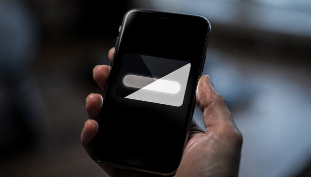 Smartphone held in hand showing a digital card and incoming transaction notification in dark mode the setting around it remains intentionally out of focus.
