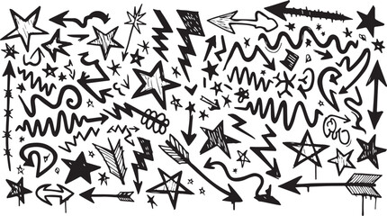 A high-energy collection of hand-drawn street art elements featuring jagged lightning bolts, spray-paint style stars, and aggressive arrows. © Stud